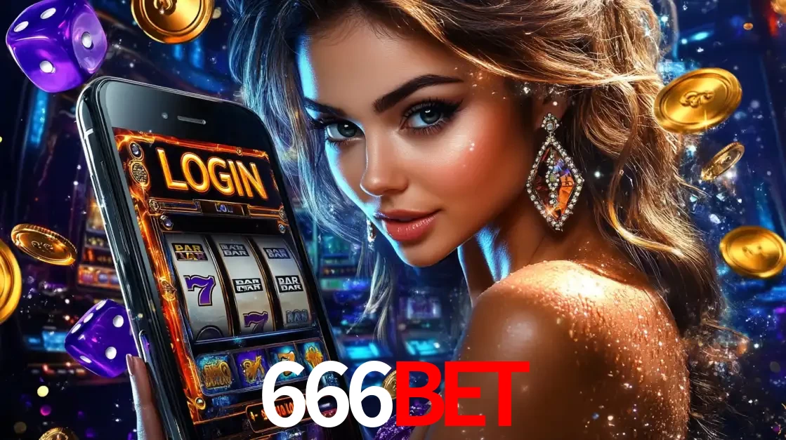 Mulher glamorosa segurando um smartphone com a tela de login para os jogos de caça-níqueis do cassino online 666bet, com moedas de ouro e dados ao redor.