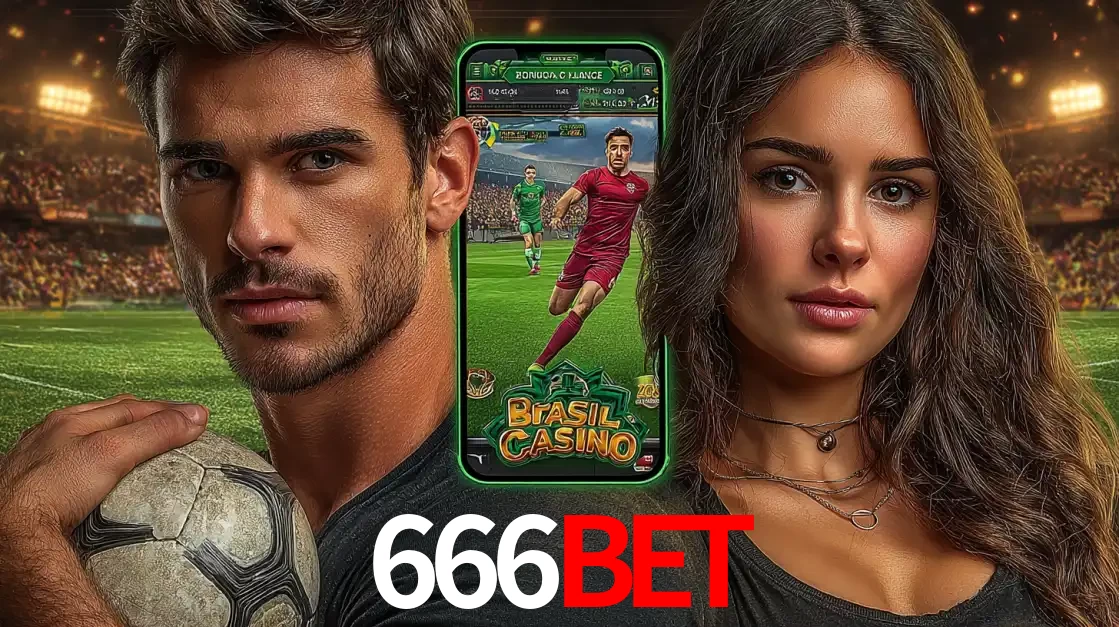 Homem segurando uma bola de futebol e uma mulher ao lado de um smartphone exibindo o jogo de apostas esportivas da 666bet. Faça seu palpite no cassino online.
